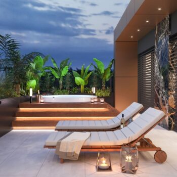 Luxury,Apartment,Terrace.,Deck,Chairs,,Candles,,Marble,Walls,,Led,Light,