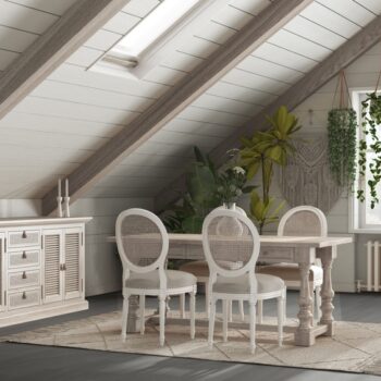 Farmhouse,Mezzanine,Living,Room,In,Boho,Style.,Dining,Table,With